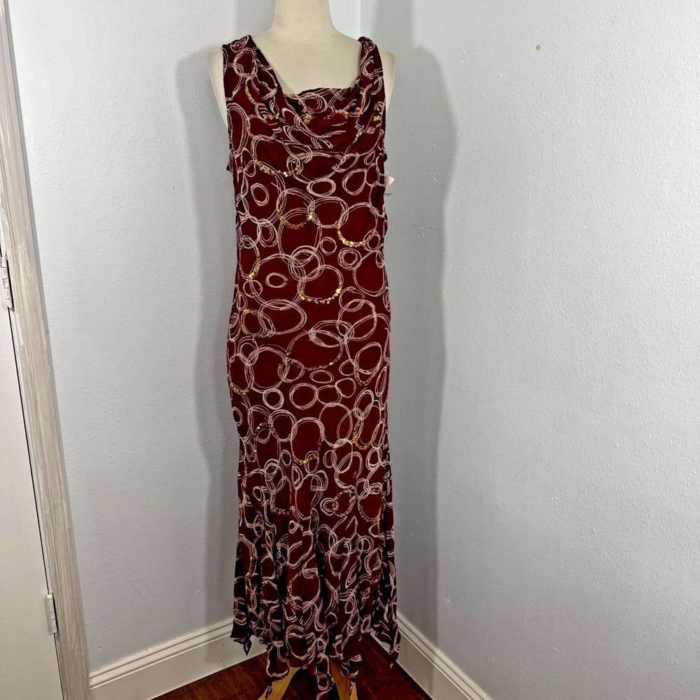 Paradise Maxi Dress Womens L Sequins Handkerchief Hem Cowl Romantic Glam Y2K